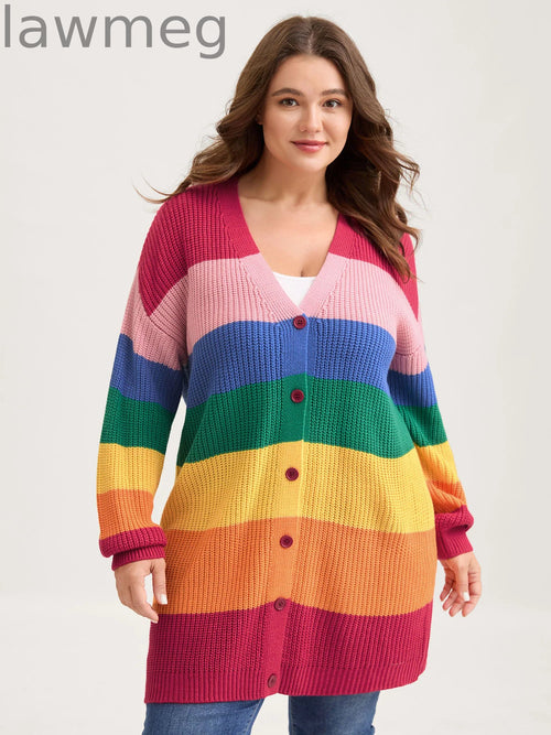 Colorblock Contrast Texture Button Cardigan