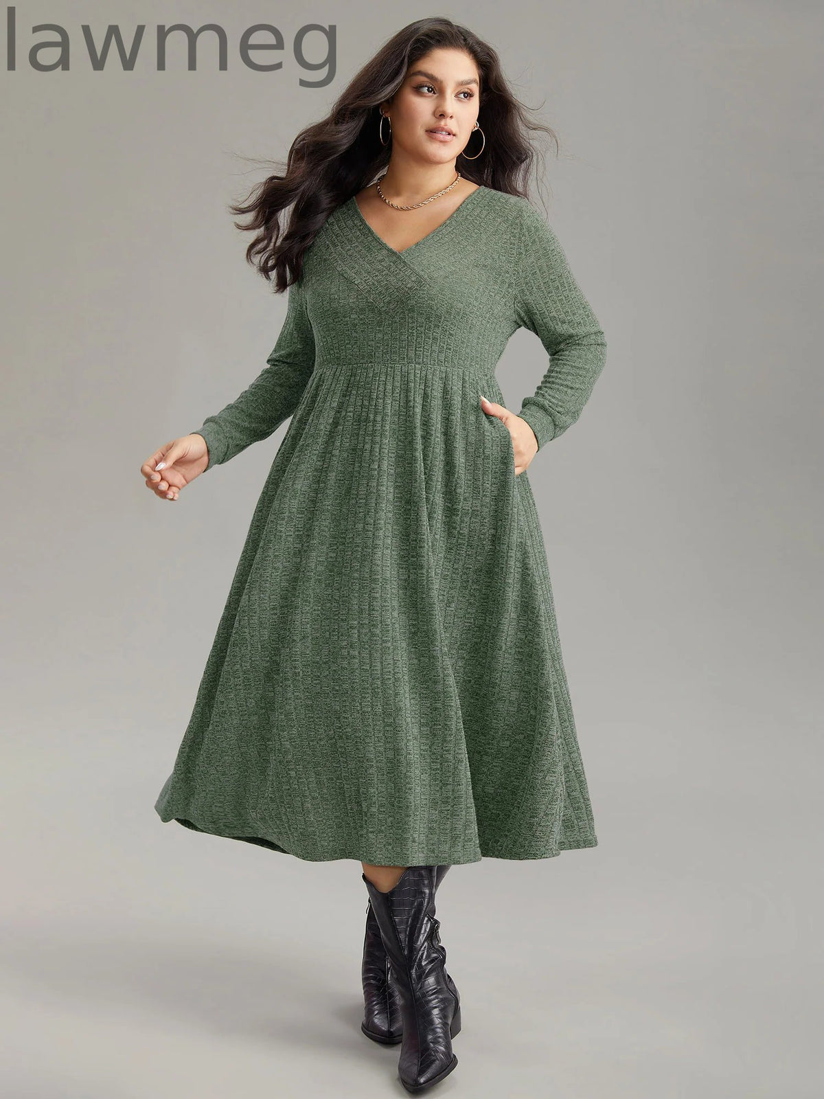 Rib Knit Plain Plisse Long Sleeve Dress