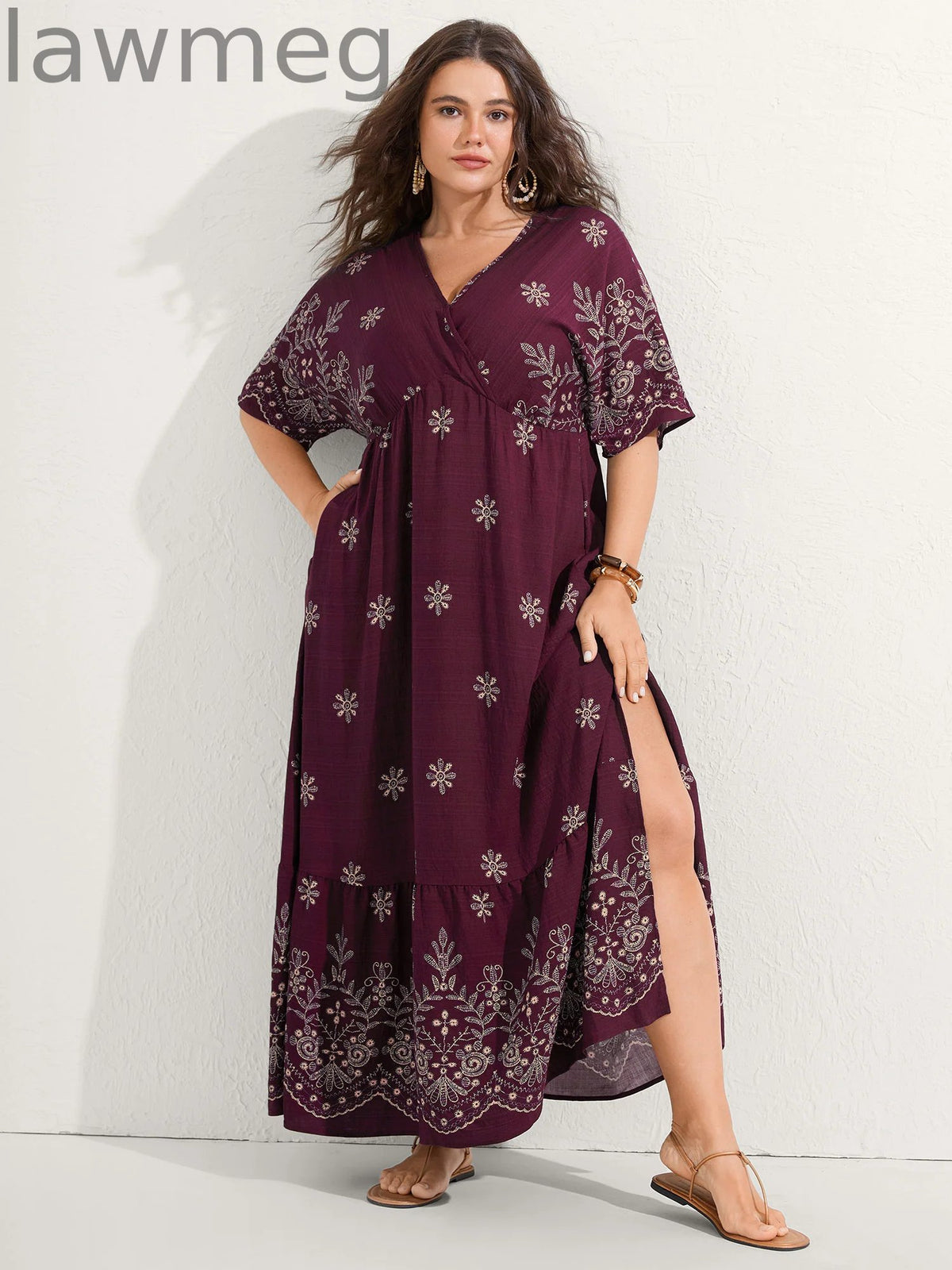 Surplice Neck Split Side Pockets Midi Dress