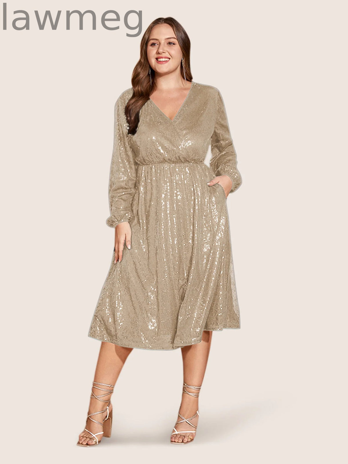 Solid Pocket Lantern Sleeve Wrap Sequin Dress