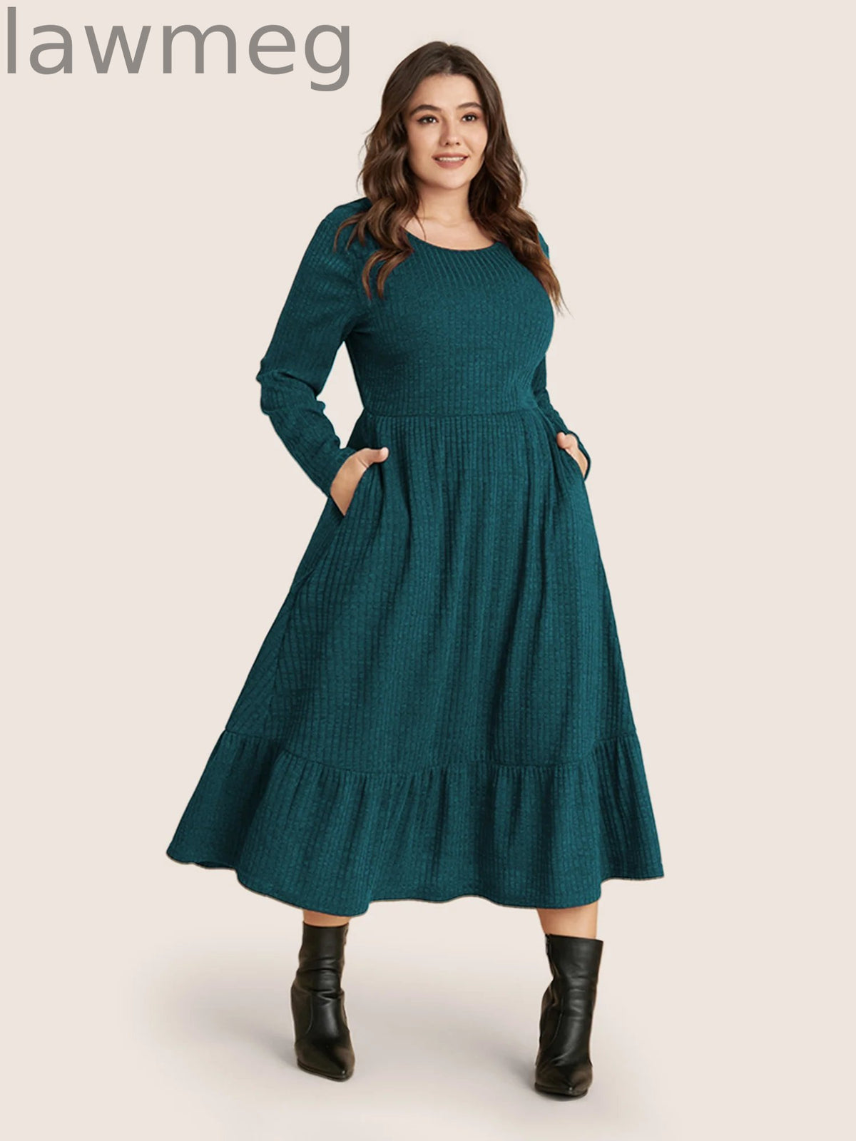 Solid Pocket Rib Knit Ruffle Hem Dress Without Belt