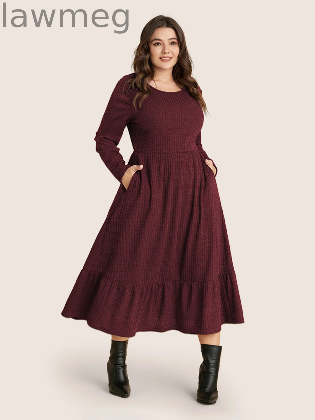 Solid Pocket Rib Knit Ruffle Hem Dress Without Belt