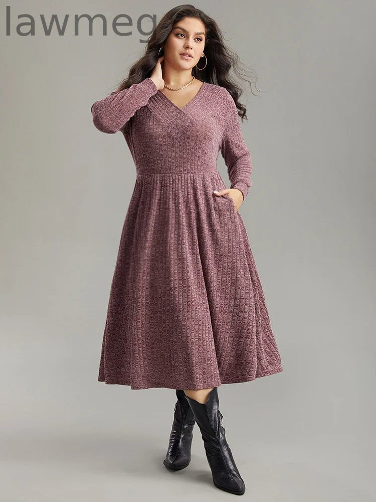 Rib Knit Plain Plisse Long Sleeve Dress