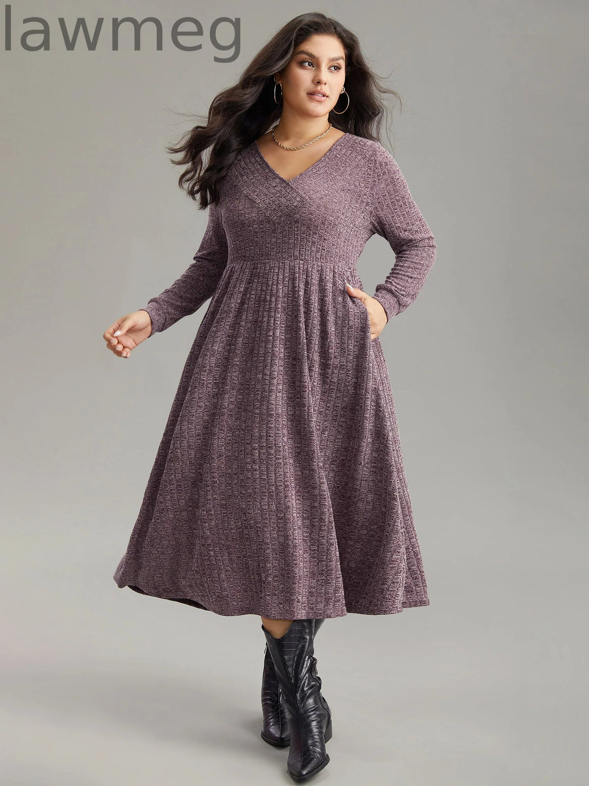 Rib Knit Plain Plisse Long Sleeve Dress