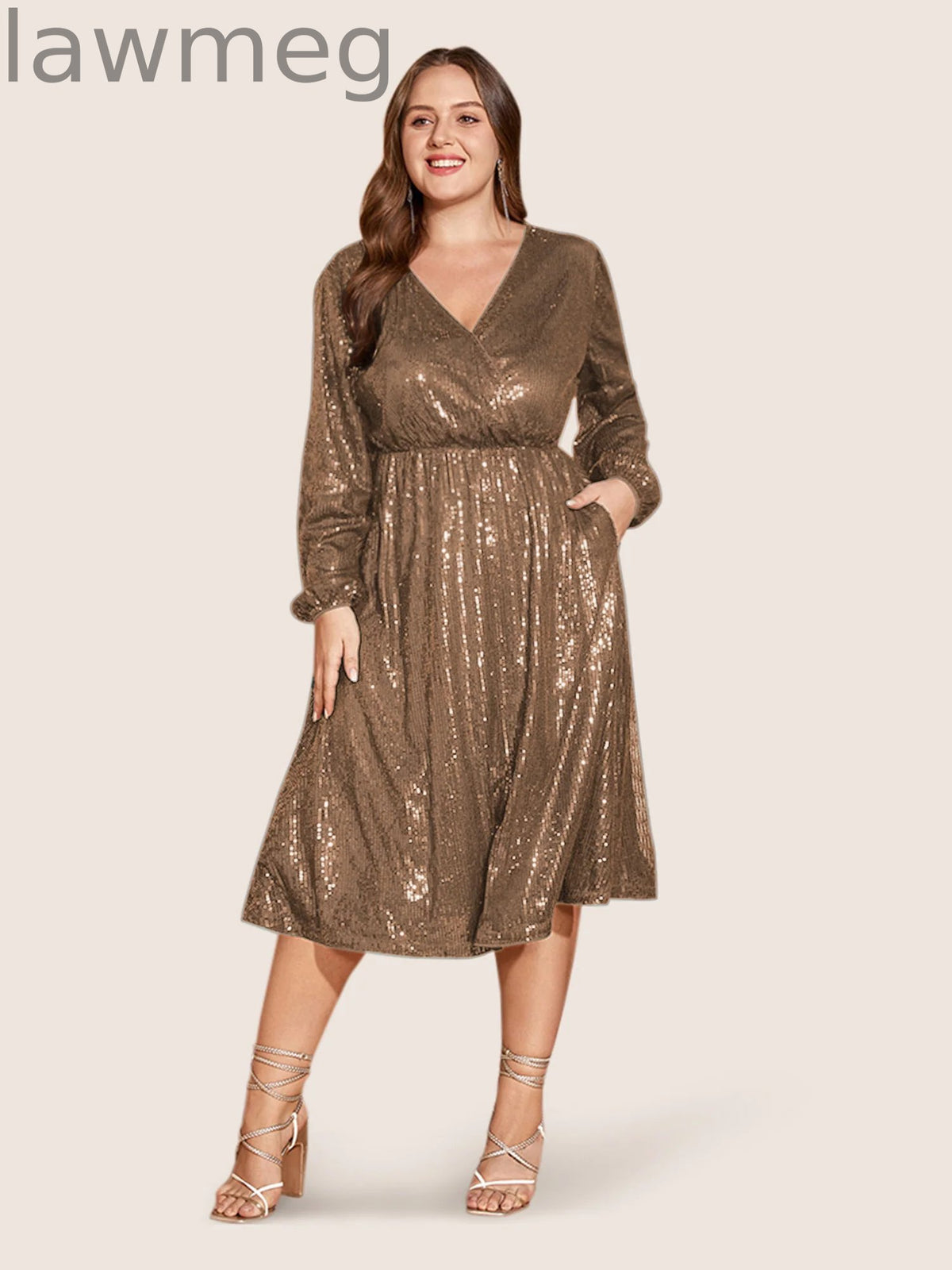Solid Pocket Lantern Sleeve Wrap Sequin Dress