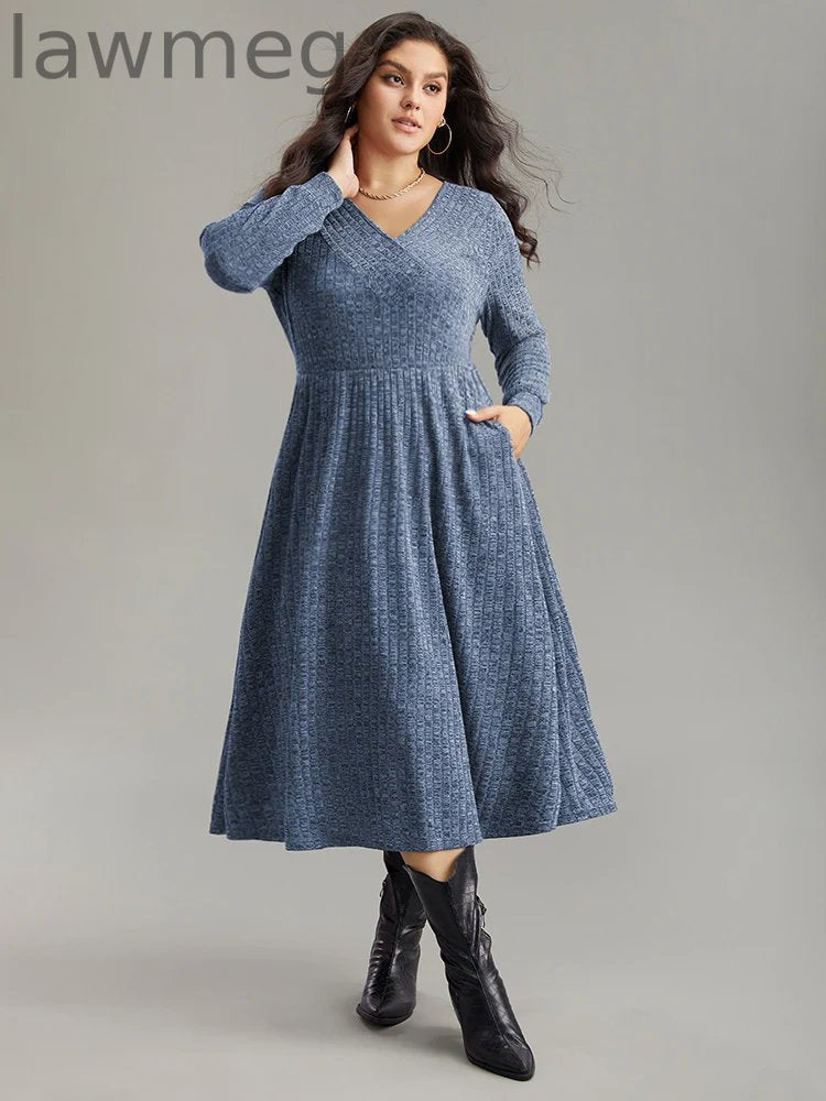 Rib Knit Plain Plisse Long Sleeve Dress