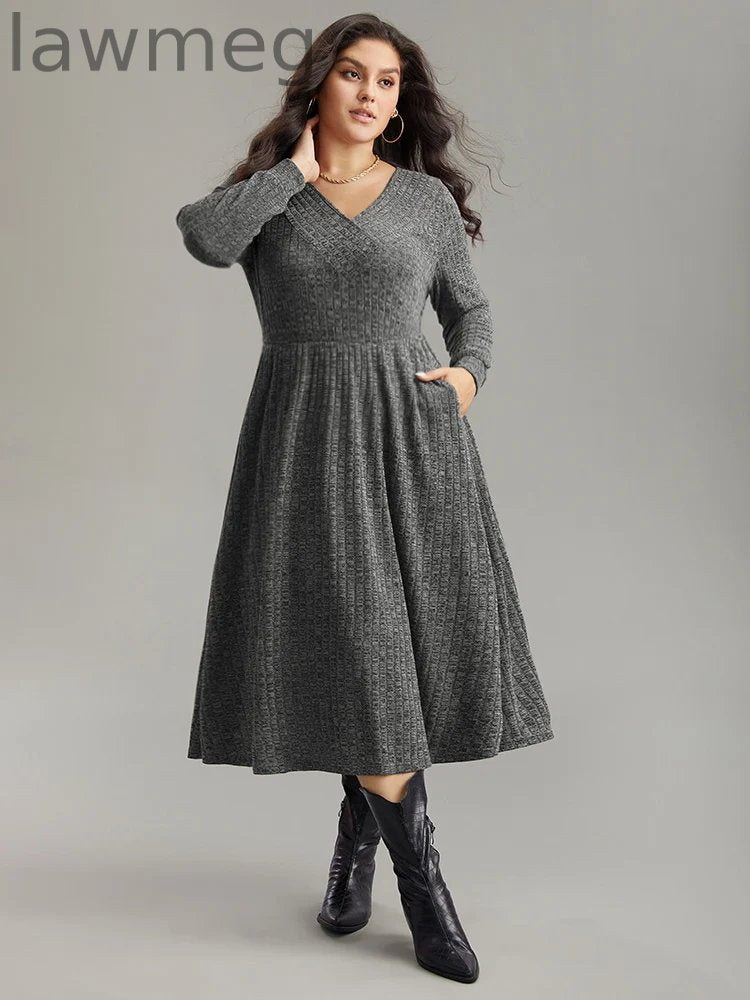 Rib Knit Plain Plisse Long Sleeve Dress